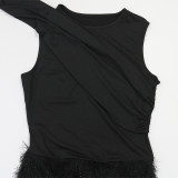 Round Neck Sleeveless Spliced ​​fur Hip-packing Long Skirt
