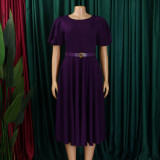 Puff Sleeves Elegant High Waist Solid Color Round Neck Big Hem Dress