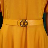 Puff Sleeves Elegant High Waist Solid Color Round Neck Big Hem Dress