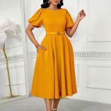 Puff Sleeves Elegant High Waist Solid Color Round Neck Big Hem Dress