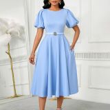 Puff Sleeves Elegant High Waist Solid Color Round Neck Big Hem Dress