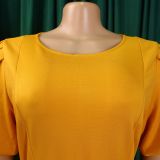 Puff Sleeves Elegant High Waist Solid Color Round Neck Big Hem Dress