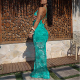 Deep V Suspender Printed Slim Long Dress