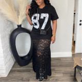 Round Neck Printed Casual Dress Milk Silk Spliced ​​lace Skirt