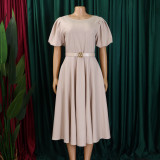 Puff Sleeves Elegant High Waist Solid Color Round Neck Big Hem Dress