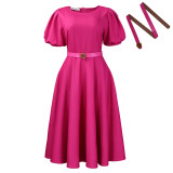 Puff Sleeves Elegant High Waist Solid Color Round Neck Big Hem Dress
