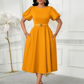 Puff Sleeves Elegant High Waist Solid Color Round Neck Big Hem Dress