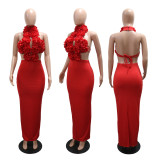 Big Flower Evening Dress with Halter Neck