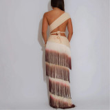 One-shoulder Hollow Ring Spliced ​​multi-layer Gradient Tassel Dress