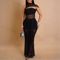 Hollow Perspective Mesh Pleated Arm-packing Dress Set