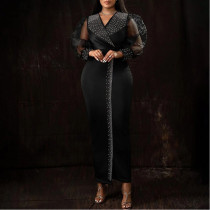 Iron Diamond Puff Sleeve Elastic V-neck Long Skirt