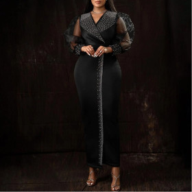 Iron Diamond Puff Sleeve Elastic V-neck Long Skirt