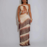 One-shoulder Hollow Ring Spliced ​​multi-layer Gradient Tassel Dress
