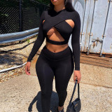 Hollow Cross Solid Color Long Sleeves High Waist Tight Sports and Casual Suit