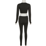 Hollow Cross Solid Color Long Sleeves High Waist Tight Sports and Casual Suit