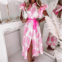 Ruffle Belt Short-sleeved V-neck Button Printed Dress