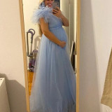 Spliced ​​mesh Floating Flower Shoulder Slit Pregnant Woman Mopping Clothes Long Skirt Photography Mopping Clothes Dress