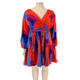 Printed V-neck Sexy Woven Large Hem Skirt with Belt Large Size Women's Dress