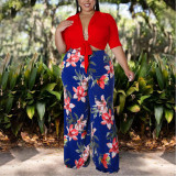 Women's Clothing Foreign Trade Large Size Solid Color Top Lace Printed Pants Two-piece Set