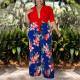Women's Clothing Foreign Trade Large Size Solid Color Top Lace Printed Pants Two-piece Set