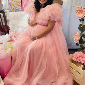 Spliced ​​mesh Floating Flower Shoulder Slit Pregnant Woman Mopping Clothes Long Skirt Photography Mopping Clothes Dress