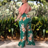 Women's Clothing Foreign Trade Large Size Solid Color Top Lace Printed Pants Two-piece Set