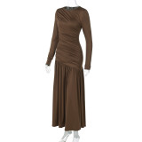 Slim and Pleated Round Neck Long-sleeved Dress