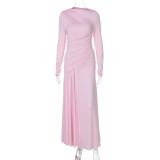 Slim Pleated Zipper Round Neck Long Sleeve Dress