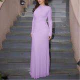 Slim Pleated Zipper Round Neck Long Sleeve Dress