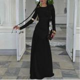 Slim and Pleated Round Neck Long-sleeved Dress