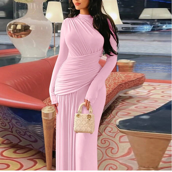 Slim Pleated Zipper Round Neck Long Sleeve Dress