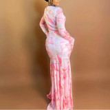 Sweet Printed Spliced ​​slim Fit Pleated Hip Skirt Turtleneck Long-sleeved Dress