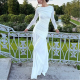 Slim and Pleated Round Neck Long-sleeved Dress