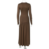 Slim and Pleated Round Neck Long-sleeved Dress