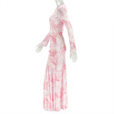 Sweet Printed Spliced ​​slim Fit Pleated Hip Skirt Turtleneck Long-sleeved Dress