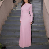 Slim Pleated Zipper Round Neck Long Sleeve Dress