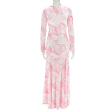 Sweet Printed Spliced ​​slim Fit Pleated Hip Skirt Turtleneck Long-sleeved Dress