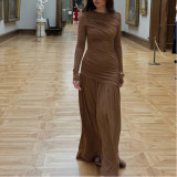 Slim and Pleated Round Neck Long-sleeved Dress