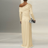 Slanted Collar Pleated Waist-hugging Solid Color Dress