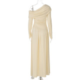 Slanted Collar Pleated Waist-hugging Solid Color Dress