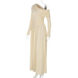 Slanted Collar Pleated Waist-hugging Solid Color Dress