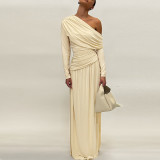 Slanted Collar Pleated Waist-hugging Solid Color Dress