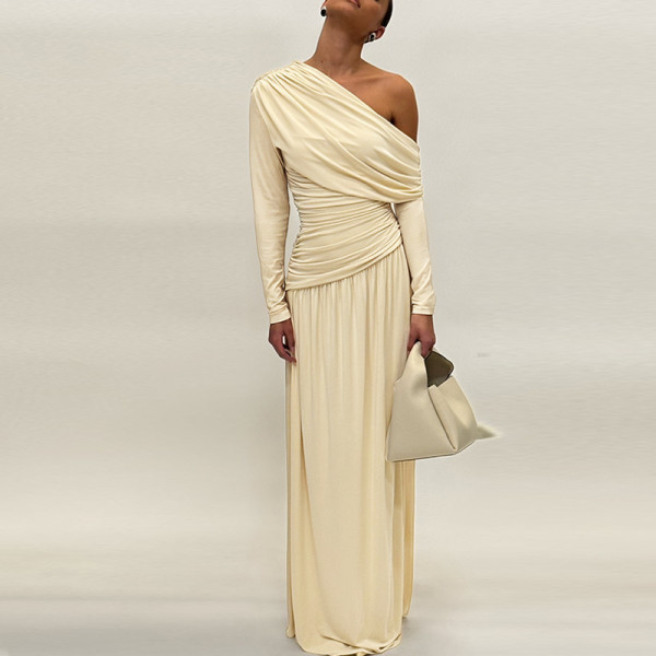 Slanted Collar Pleated Waist-hugging Solid Color Dress