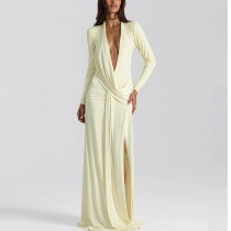 Deep V Hot Girl High Slit Long-sleeved Dress