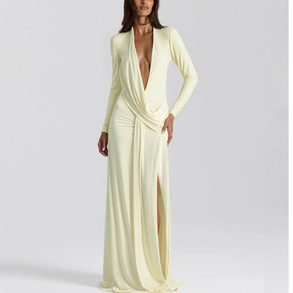 Deep V Hot Girl High Slit Long-sleeved Dress