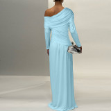 Slanted Collar Pleated Waist-hugging Solid Color Dress