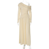 Slanted Collar Pleated Waist-hugging Solid Color Dress