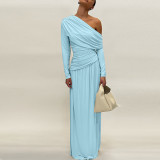 Slanted Collar Pleated Waist-hugging Solid Color Dress