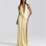 Deep V Halter Neck Condensed Back-exposed Irregular Dress