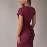 Slim Pleated Lace-up Short-sleeved Dress